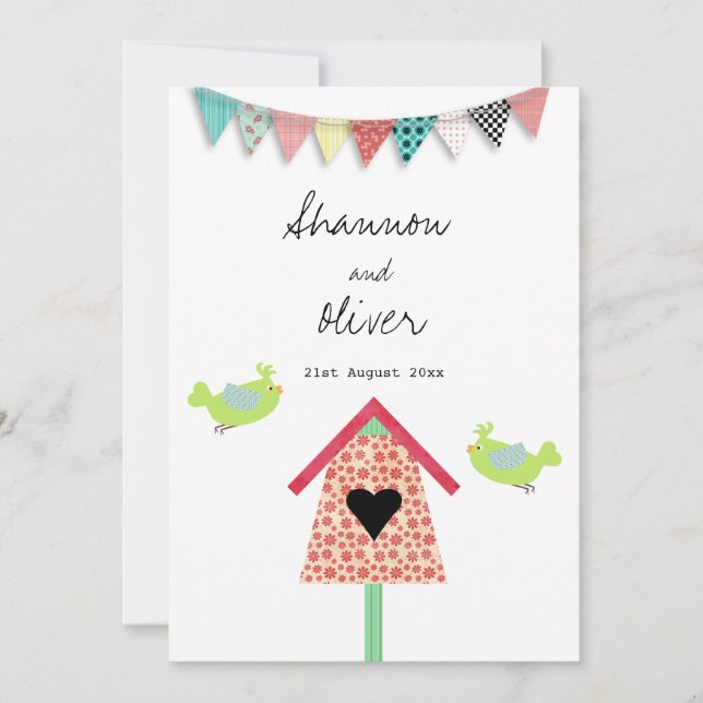 Cute Whimsical Birds And Birdhouse Wedding Invite (Front)