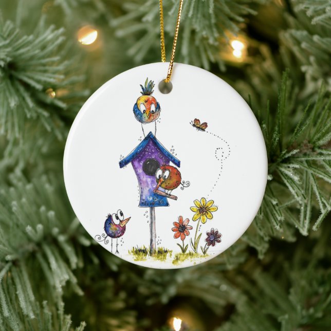 Cute Whimsical Birds at a Birdhouse Ceramic Ornament (Tree)