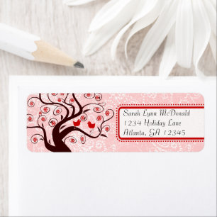 Cute Whimsical Birds in Swirl Tree Red Pink Dots Return Address Label