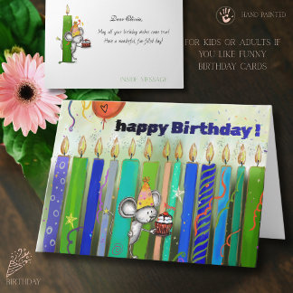 Cute Whimsical Birthday Mouse and Colourful Candle Card