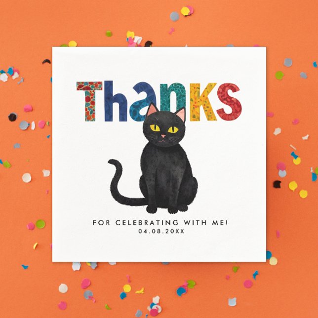 Cute Whimsical Black Cat Colourful Thanks Bold Typ Napkin (Creator Uploaded)