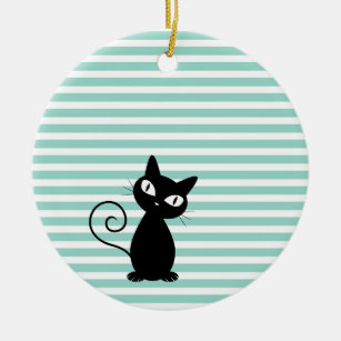 Cute Whimsical Black Cat on Stripes Ceramic Tree Decoration