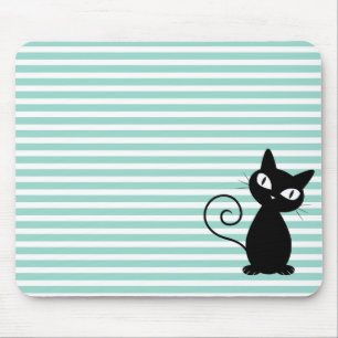Cute Whimsical Black Cat on Stripes Mouse Pad