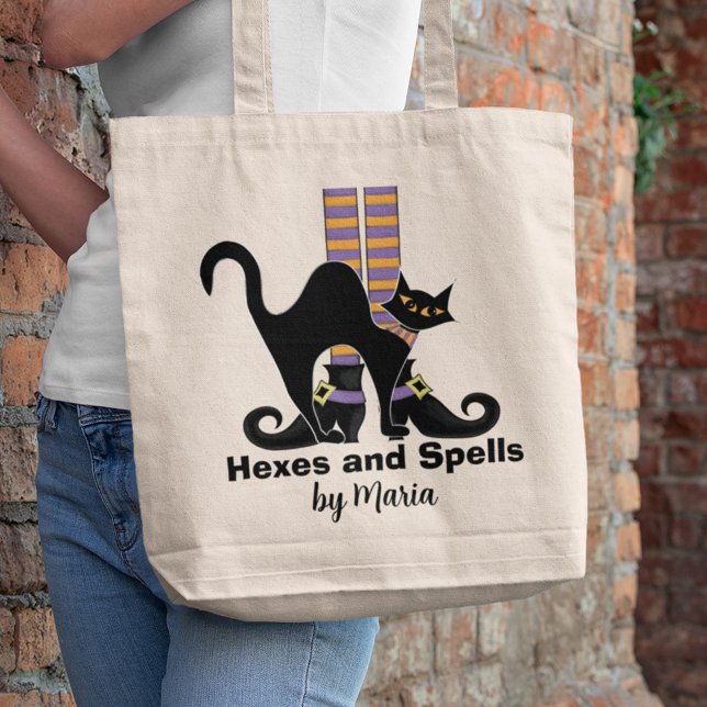 Cute Whimsical Black Cat Trick or Treat Halloween  Tote Bag (Cute whimsical black cat Halloween tote bag featuring a playful trick or treat design perfect for fa)