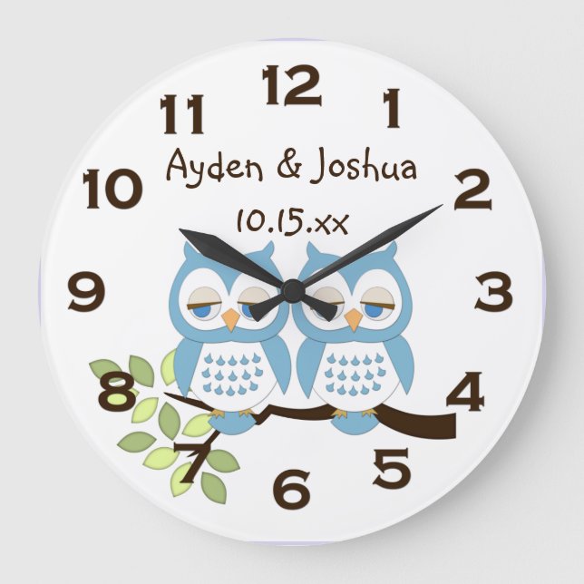 Cute Whimsical Blue Boy Owl Twins Wall Clock (Front)