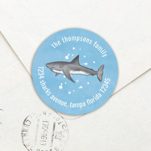 Cute Whimsical Blue Ocean Sharks Return Address Classic Round Sticker