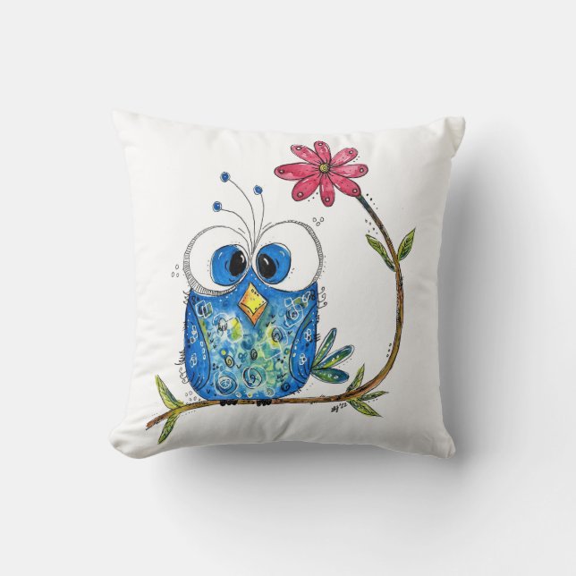 Cute Whimsical Blue Owl Cushion (Front)
