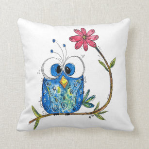 Cute Whimsical Blue Owl Cushion