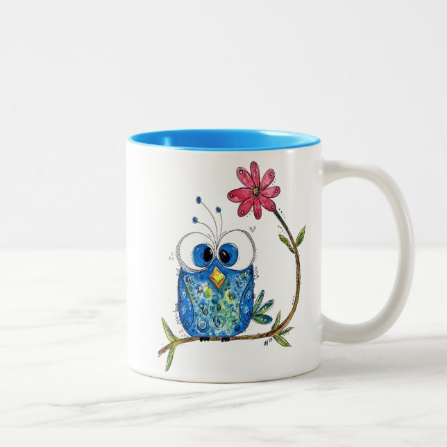 Cute Whimsical Blue Owl Two-Tone Coffee Mug (Right)
