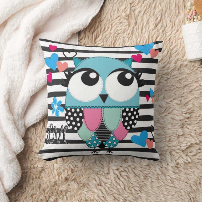 Cute Whimsical Blue Owl with eyelashes  Cushion (Blanket)