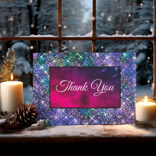 Cute whimsical blue purple iridescent monogram thank you card