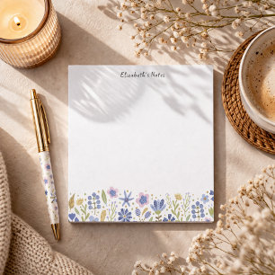 Cute Whimsical Blue Spring Flowers and Custom Name Notepad