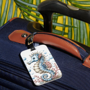 CUTE WHIMSICAL BLUE & WHITE SEAHORSE LUGGAGE TAG