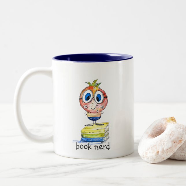 Cute whimsical Book Nerd Two-Tone Coffee Mug (With Donut)