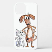 Cute Whimsical Brown Dog and Grey Cat