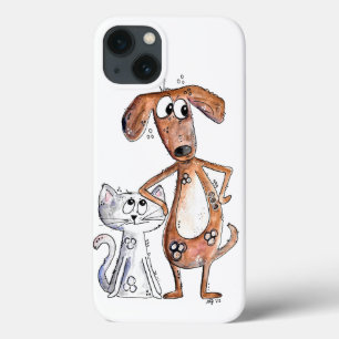 Cute Whimsical Brown Dog and Grey Cat iPhone 13 Case