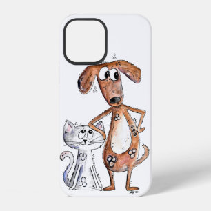 Cute Whimsical Brown Dog and Grey Cat iPhone 12 Case