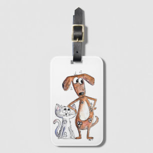 Cute Whimsical Brown Dog and Grey Cat Luggage Tag