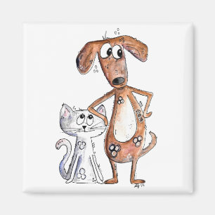 Cute Whimsical Brown Dog and Grey Cat Magnet