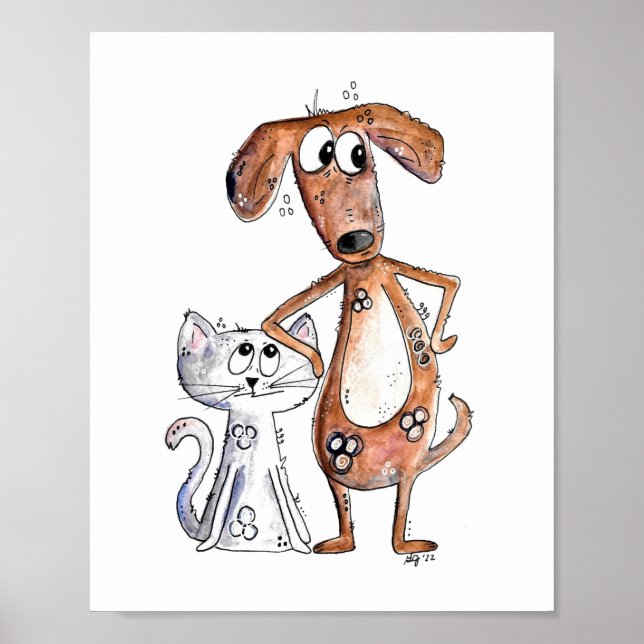Cute Whimsical Brown Dog and Grey Cat Poster (Front)