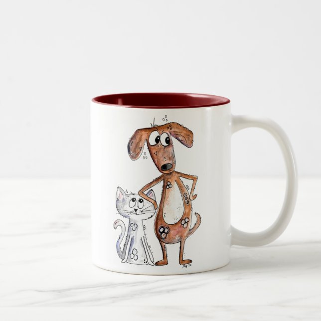 Cute Whimsical Brown Dog and Grey Cat Two-Tone Coffee Mug (Right)