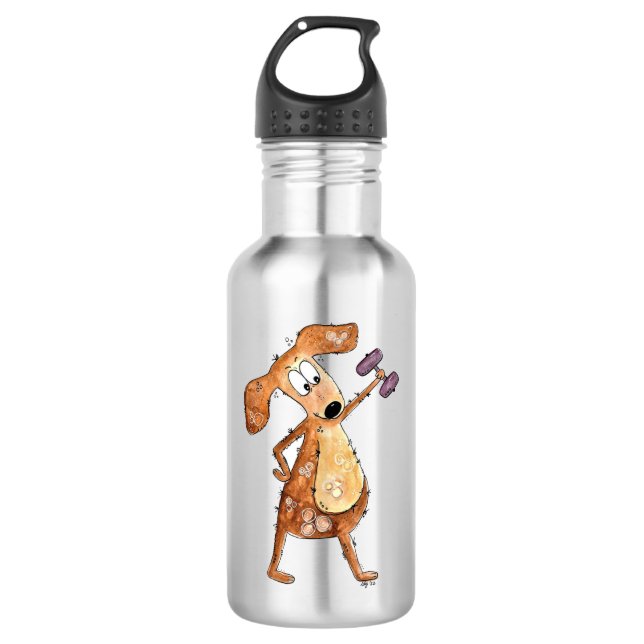 Cute Whimsical Brown Dog Lifting Weights 532 Ml Water Bottle (Front)