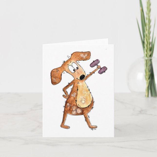 Cute Whimsical Brown Dog Lifting Weights Card (Front)
