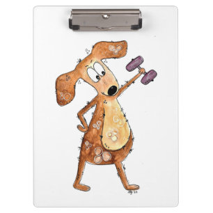 Cute Whimsical Brown Dog Lifting Weights Clipboard