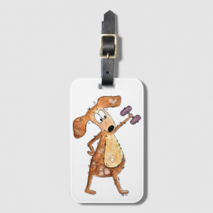 Cute Whimsical Brown Dog Lifting Weights Luggage Tag