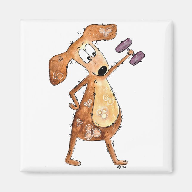 Cute Whimsical Brown Dog Lifting Weights Magnet (Front)