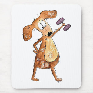 Cute Whimsical Brown Dog Lifting Weights Mouse Pad