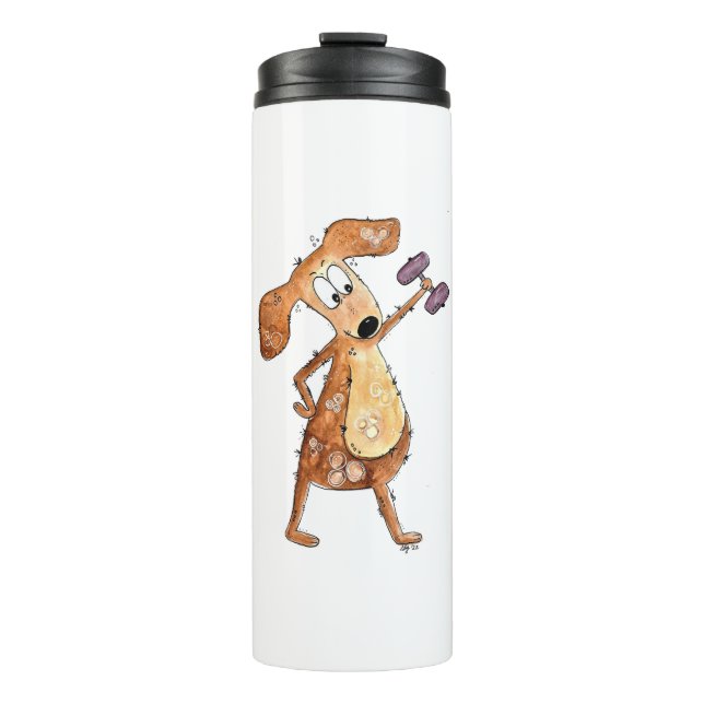 Cute Whimsical Brown Dog Lifting Weights Thermal Tumbler (Front)