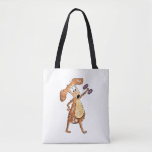 Cute Whimsical Brown Dog Lifting Weights Tote Bag