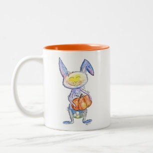 Cute Whimsical Bunny Holding a Pumpkin Two-Tone Coffee Mug