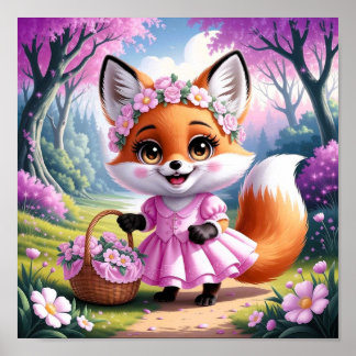 Cute Whimsical Cartoon Fox Girl Animal Art Poster