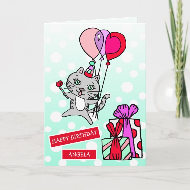 Cute Whimsical Cat and Balloons Birthday Card (Front)
