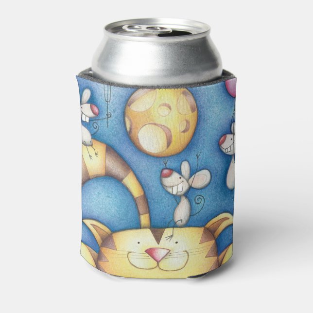Cute Whimsical Cat and Mouse Moon Art Can Cooler (Can Back)