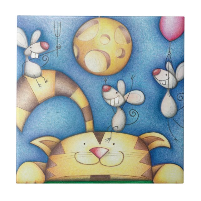 Cute Whimsical Cat and Mouse Moon Art Ceramic Tile (Front)