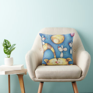 Cute Whimsical Cat and Mouse Moon Art Cushion