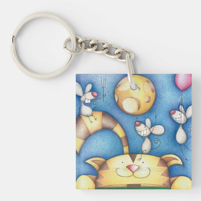Cute Whimsical Cat and Mouse Moon Art Key Ring (Front)