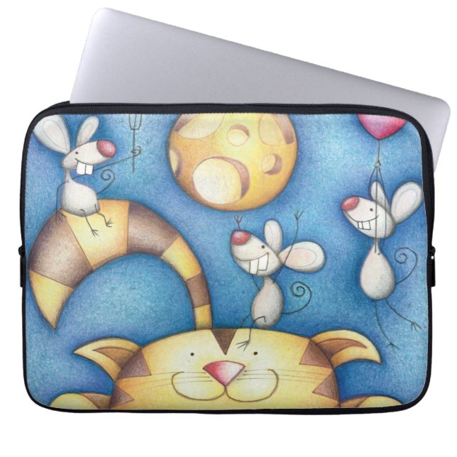 Cute Whimsical Cat and Mouse Moon Art Laptop Sleeve (Front)