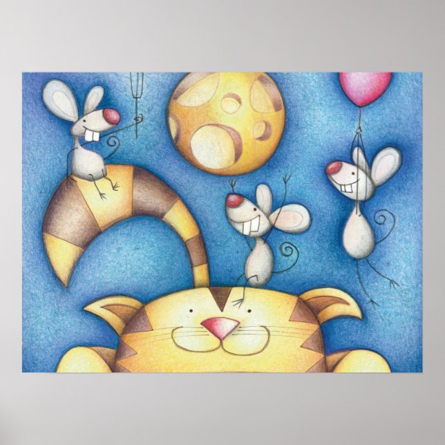 Cute Whimsical Cat and Mouse Moon Art Poster (Front)