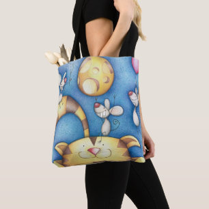 Cute Whimsical Cat and Mouse Moon Art Tote Bag
