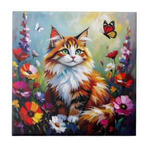 Cute Whimsical  Cat, Flowers and Butterflies Ceramic Tile