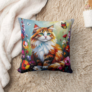 Cute Whimsical Cat, Flowers and Butterflies Cushion