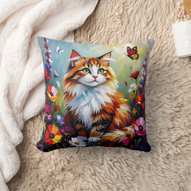 Cute Whimsical  Cat, Flowers and Butterflies Cushion (Blanket)