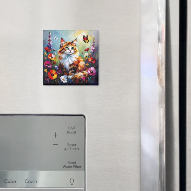 Cute Whimsical  Cat, Flowers and Butterflies Magnet (In Situ (Fridge))