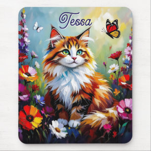 Cute Whimsical  Cat, Flowers and Butterflies Mouse Pad