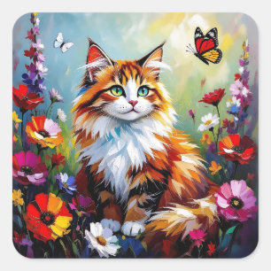 Cute Whimsical Cat, Flowers and Butterflies Square Sticker