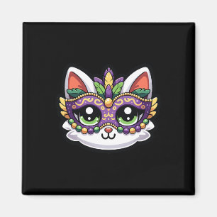 Cute Whimsical Cat In Festive Mardi Gras Mask  Magnet